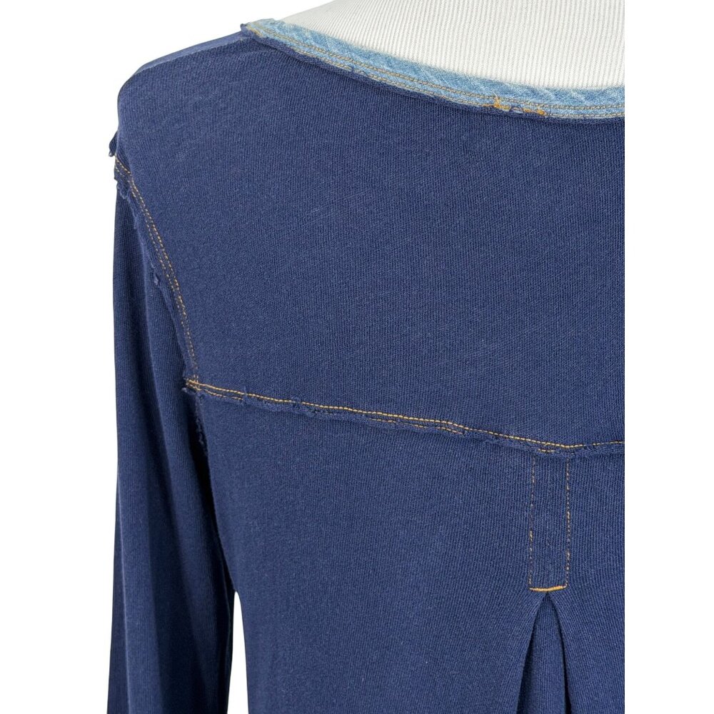 Free People Blue Slouchy Exposed Stitch Embellished Henley Top | Boho Grunge S - Picture 9 of 16